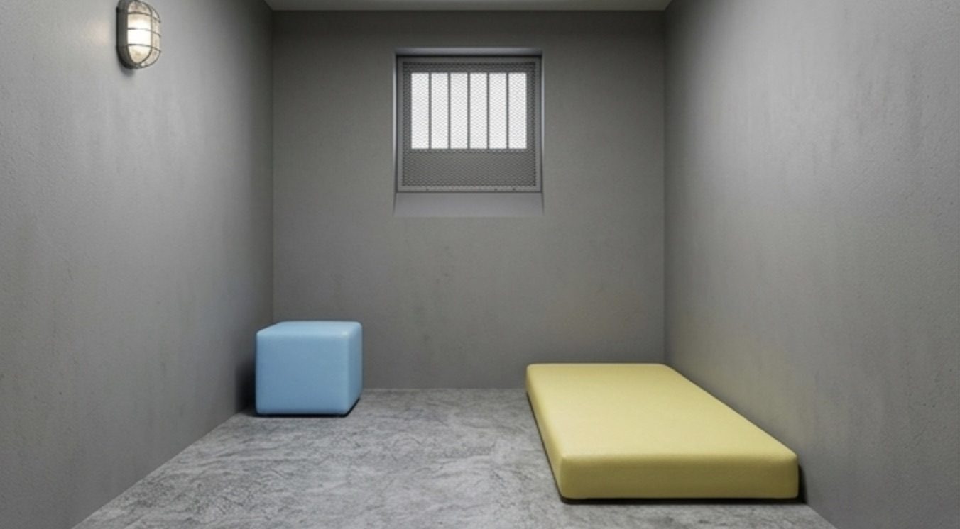 Blauwe gecoate kubus en gele matras in een ruimte met getralied venster – QMtex®, regio Anzegem