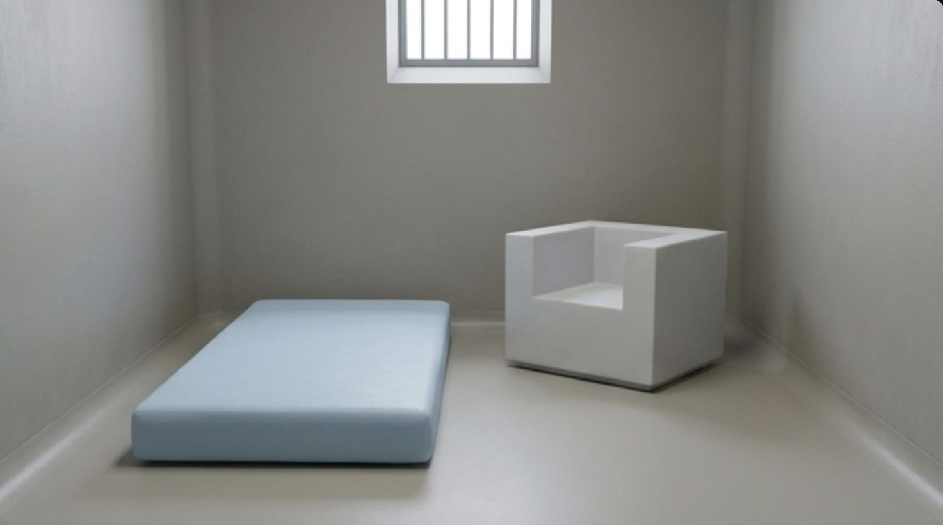 Naadloos gecoate lichtblauwe matras en witte fauteuil in een betonnen ruimte – QMtex®, regio Kortrijk