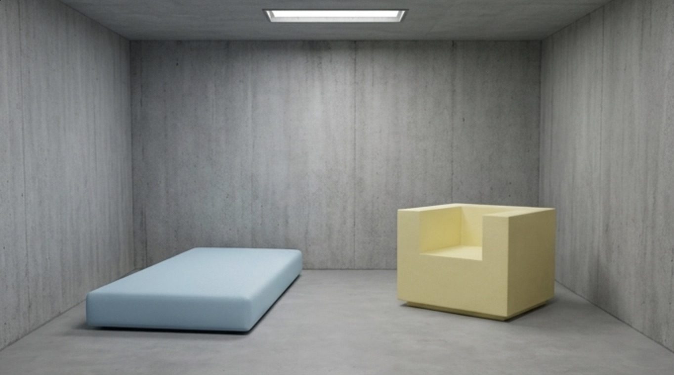 Lichtblauwe gecoate matras en gele fauteuil in een betonnen ruimte – QMtex®, regio Zwevegem
